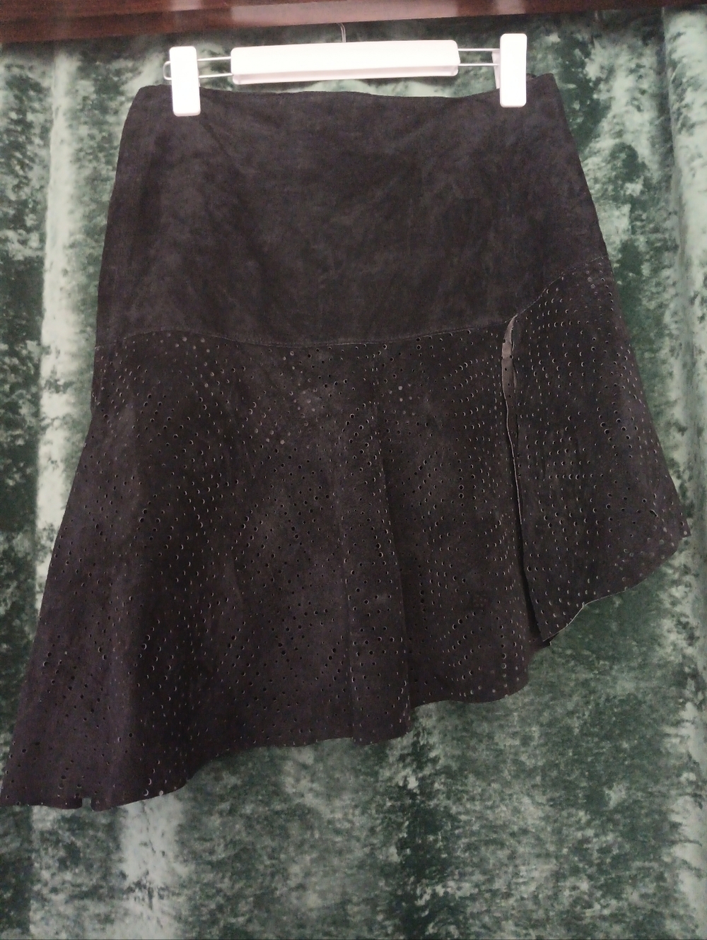 Vintage Bebe Black Suede Leather Skirt Perforated Asymmetrical Hem Zip 8